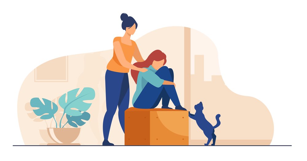 Vector image of mom, daughter and a cat
