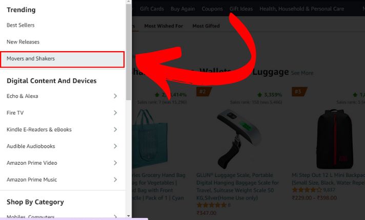 Screenshot from Amazon that shows the Movers and Shakers option in the picture